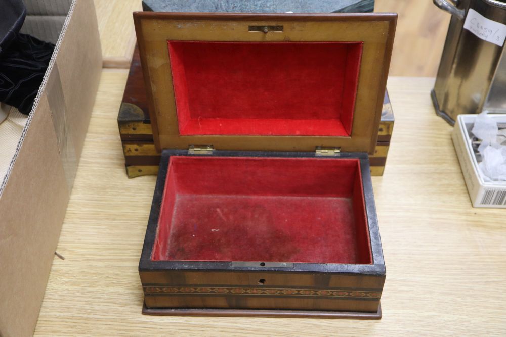 A mahogany military style inlaid writing box, 30 x 25 x 8cm, and two other boxes